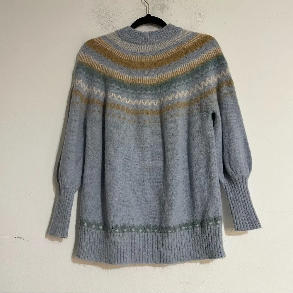 J. Crew Fair Isle Yoke Puff-Sleeve Sweater Size XS Alpaca Wool Blend Ski Winter
